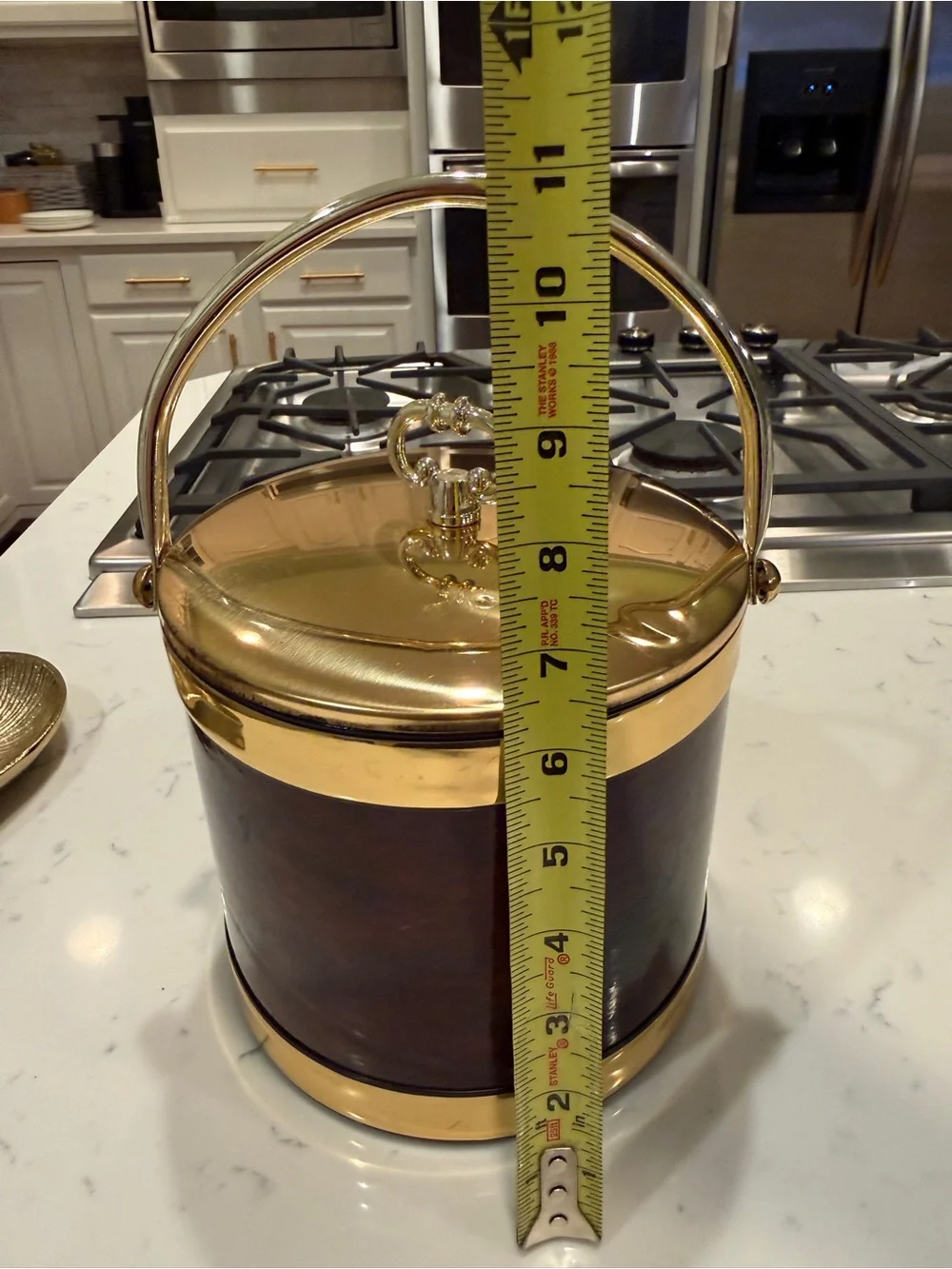 Kraftware Faux Wood Ice Bucket Gold Tone Lid Handle & Tongs Mid Century Barware